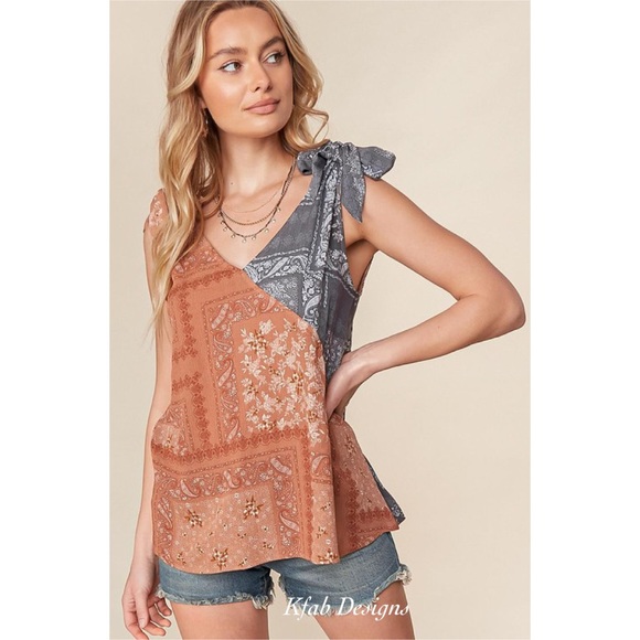 LAST 1! V Neck Boho Color Block Ruffle Woven Top! - Picture 3 of 9